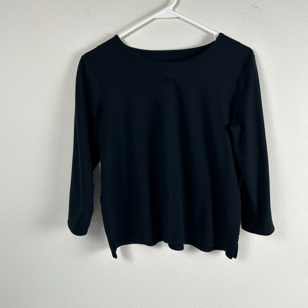 J. Jill Ponte Knit Top Women XS Black 3/4 Sleeve Minimalist Stretch Classic‎